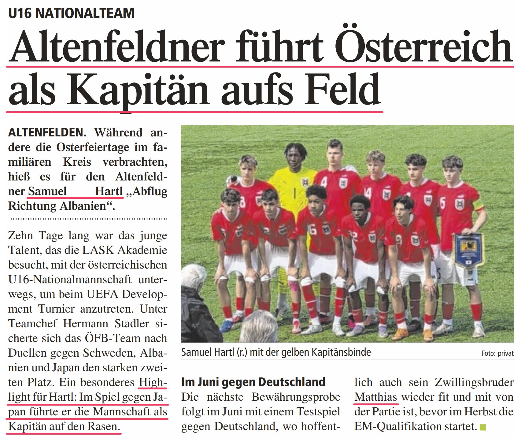 U16 Nationalteam: Altenfeldner Samuel Hartl führt Österreich als Kapitän aufs Feld